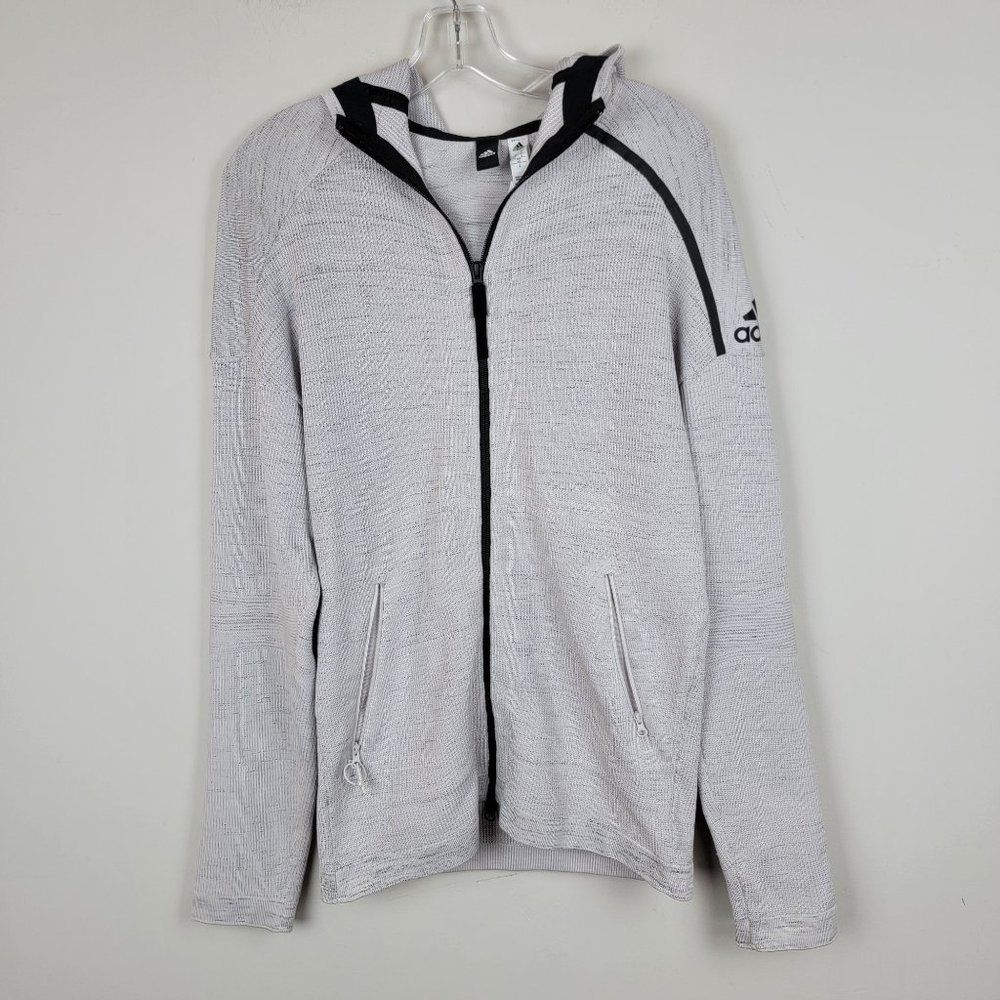 adidas Grey Black Full Zip Front Pockets Jersey Knit Logo Hoodie Jacket Size S